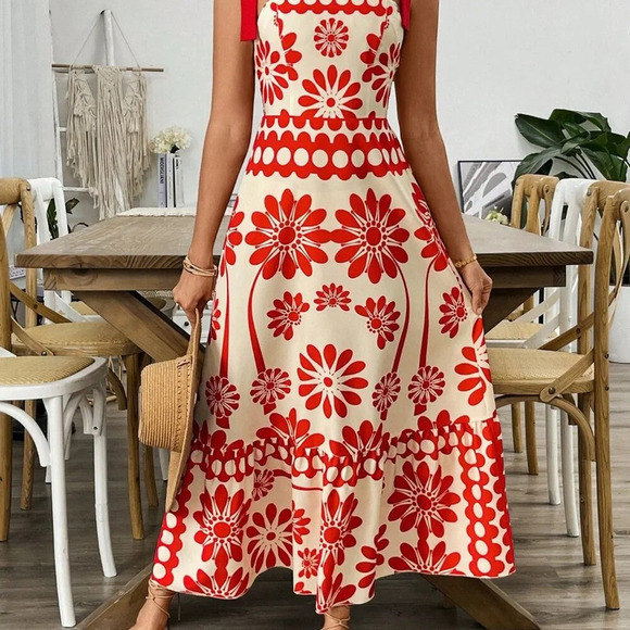 White Casual Women's Floral Print Shoulder Strap Cinched Waist Long Maxi Dress - Picture 3 of 6